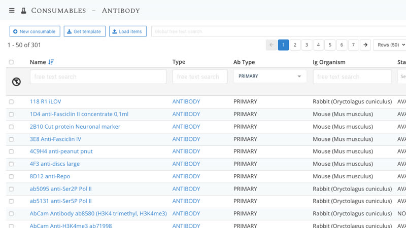 A LabID list view: a filtered table of lab consumables
